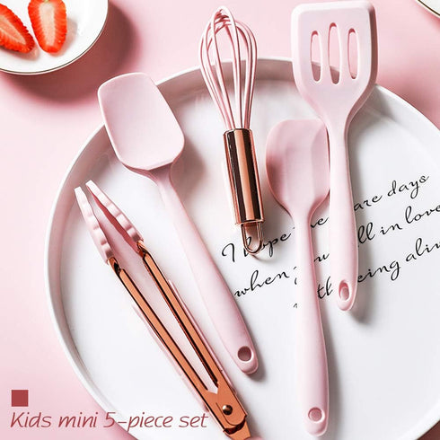 Set Collfa Rose Gold And Pink Kitchen Utensil Small Five-Piece Mini Silicone Kids Kitchen Tools Whisk Spatula Tongs