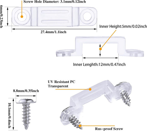 Qunclay 300 Pack Strip Light Mounting Brackets, LED Clear Clips with Screws for 12 mm Wide IP67/68 Strip Lights