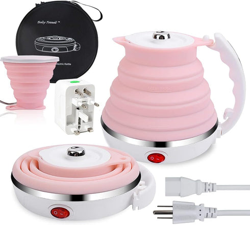 Upgrade Travel Kettle, ShineMe Food Grade Silicone Dual Voltage 110-220V Ultrathin Portable Electric Water Kettle with
