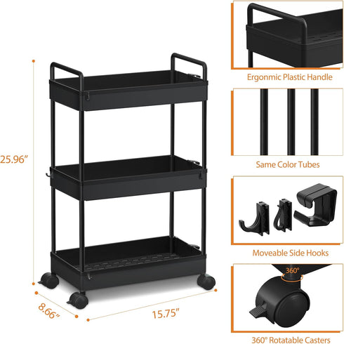 3 Ronlap Tier Slim Rolling Storage Cart with Wheels Plastic Utility Cart Organizer for Snack Craft Art Postpartum Baby