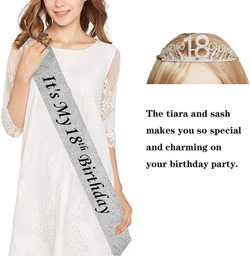 18th Silver Birthday Tiara and Sash - Glitter Satin Sash and Crystal Rhinestone Tiara Crown for Party Supplies