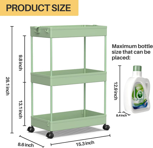 3-Tier SPACEKEEPER Green Rolling Storage Cart, Bathroom & Kitchen Organizer, Modern Plastic Frame, Adjustable Shelves
