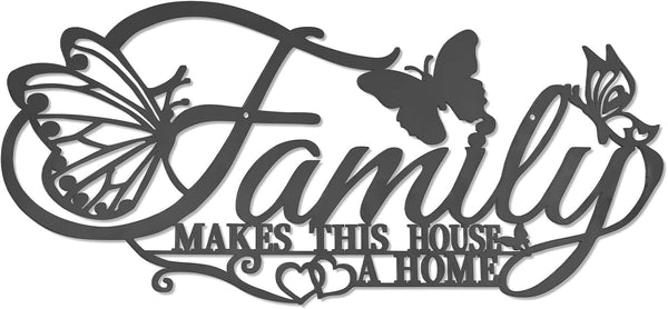 Family Metal Wall Decor Word Sign, Black Family Makes This House A Home Art, Butterflies Love Heart Wall Hanging
