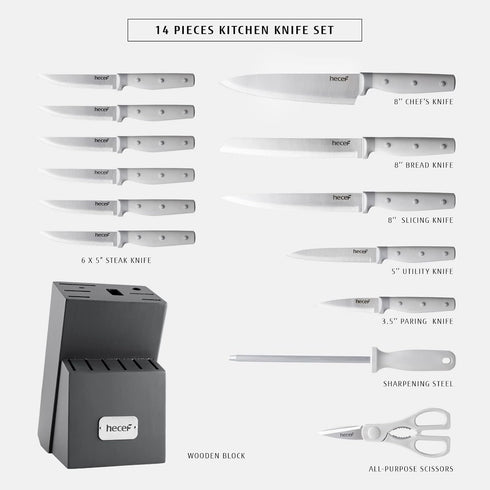 hecef 14 Pieces Kitchen Knife Block Set with Wooden Block & Sharpener, High Carbon Stainless Steel Cutlery Set