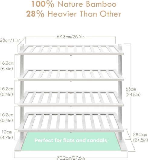 4-Tier Closet Varhomax White Shoe Rack, Bamboo Shoe Rack Organizer for and Entryway, Thick Wooden Free Standing Shoe