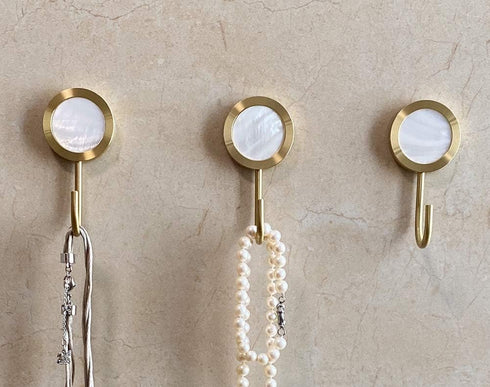 Solid Brass Decorative Wall Hook, Self-Adhesive Hole Free Mount, Shining Gold Fancy Hook (Seashell White, Pack of 2)