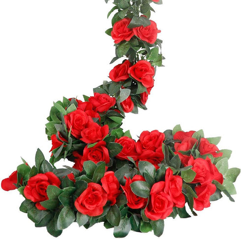 LESING 4PCS Artificial Rose Garlands, 28.8FT Fake Silk Flower Vines with Greenery Plants for Wedding Decoration