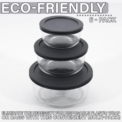 CIBI Food Storage Container Lids (4 Cups, Black - 6PK) for Pyrex and Anchor Round Glass Containers