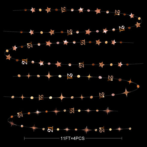 Rose Gold Number 21 Circle Dot Twinkle Star Garland Kit for Girls 21st Birthday Decoration, Metallic Hanging Streamer