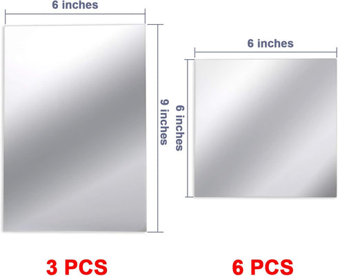 BBTO 9 Pieces Adhesive Craft Mirrors, 6 x 9 Inches, 6 x 6 Inches, Flexible Self Adhesive Non-Glass Plastic Wall Stickers