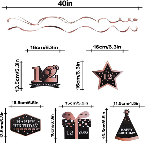 LINGTEER Happy 12th Birthday Decorations - 12 Pcs Black & Rose Gold Swirls Streamer Set for Twelve Years Old Bday