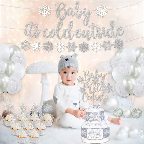 Baby It’s Cold Outside Party Decorations, Silver Banner, Snowflake Balloons, Garland