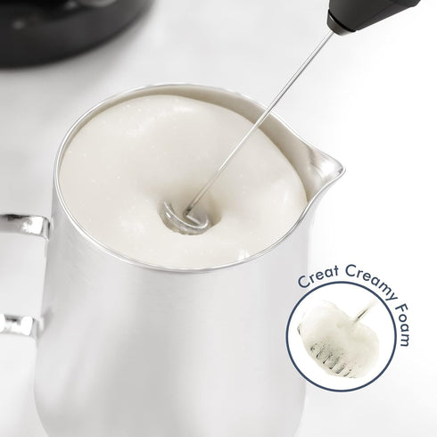 Powerful Handheld Milk Frother, Mini Whisk Drink Mixer for Coffee, Cappuccino, Latte, with Stand (Black)