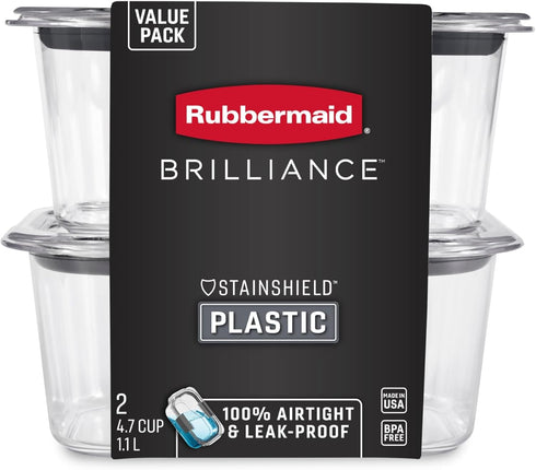 Rubbermaid Brilliance BPA-Free Food Storage Containers, Medium Deep, 4.7 Cup, 2-Pack, Airtight & Leak-Proof