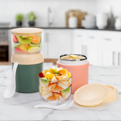 2 Pack 24oz 2-in-1 Eorbow Insulated Yogurt Container, Breakfast On the Go Cup with Plastic Topping Cereal Oatmeal Cup