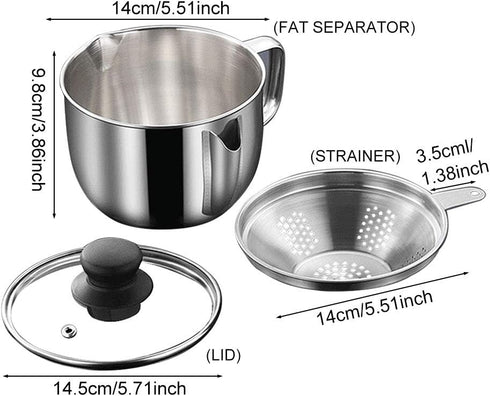 Stainless Steel 4 Cup/1000ML Fat Separator with Strainer and Glass Lid, Soup Oil Separator Cup for Cooking, Kitchen Oil