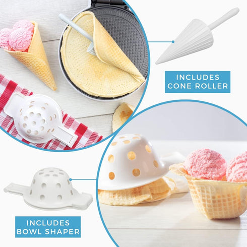 Waffle Cone and Bowl Maker for Homemade Ice Cream Cones - Electric Nonstick Waffler Iron Machine with Shaper Roller &