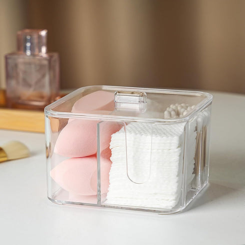Qtip Holder - Clear Acrylic Cosmetic Items Storage Dispenser for Bathroom Vanity Countertop, 4 Compartments