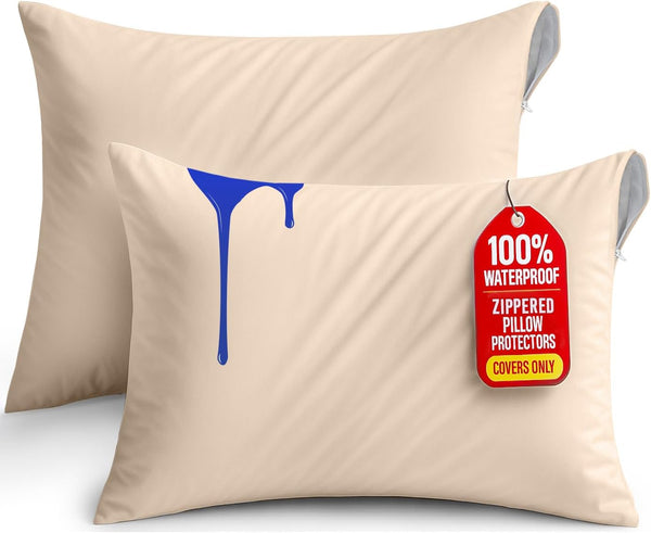 Utopia Bedding Zippered Waterproof Pillow Protectors Queen Size (2 Pack, Beige), Bed Bug Proof Encasement Covers 20 x