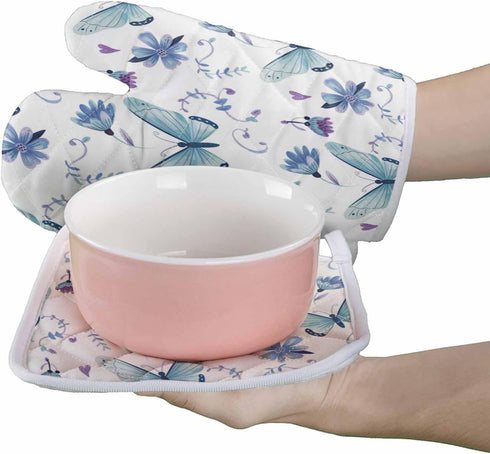 Chic D Kitchen Oven Mitts Gloves and Pot Holders Sets, Blue Butterfly Flowers Heat Resistant Non-Slip for Cooking, BBQ,