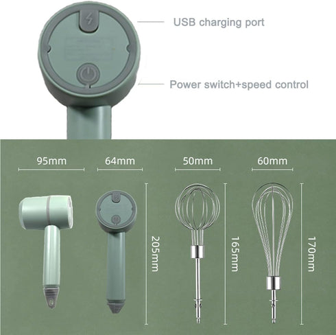 Hand Mixer, Portable Electric Cordless 3-Speed Mixer, USB Rechargeable with Twin Mixer Whips for Kitchen Baking