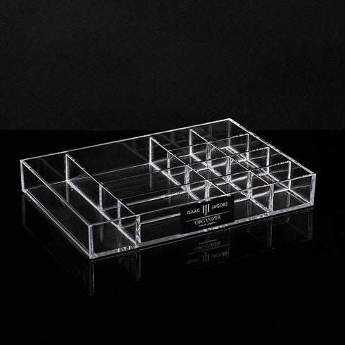 Isaac Jacobs 12-Compartment Clear Acrylic Drawer Organizer (9.4" L x 6.4" W x 1.3" H), Multi-Sectional Tray & Storage Solution for Makeup, School & Office Supplies, Bathroom, Kitchen by Isaac Jacobs