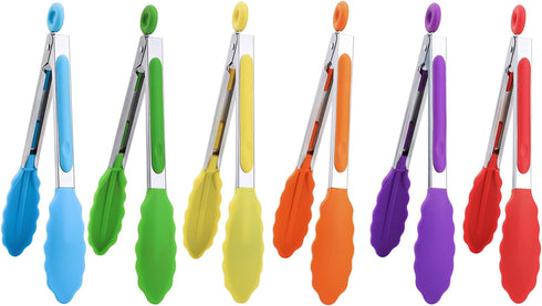 MSY BIGSUNNY Kitchen Food Tongs | 7" Mini Silicone Serving Tongs | Set of 6 in Purple, Red, Orange, Green, Yellow, Blue