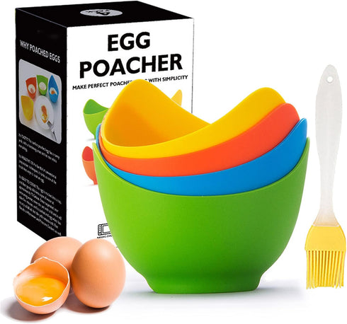 Egg Poacher - KRGMNHR Silicone Cup for Microwave or Stovetop Egg Poaching, 4 Pack with Extra Oil Brush