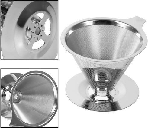 Coffee Filter Cup, fosa 1Pc Stainless Steel Coffee Cup Filter, Pour Over Coffee Makers Dripper Double Layer Mesh Filter Cup Stand for traveling camping Home Office