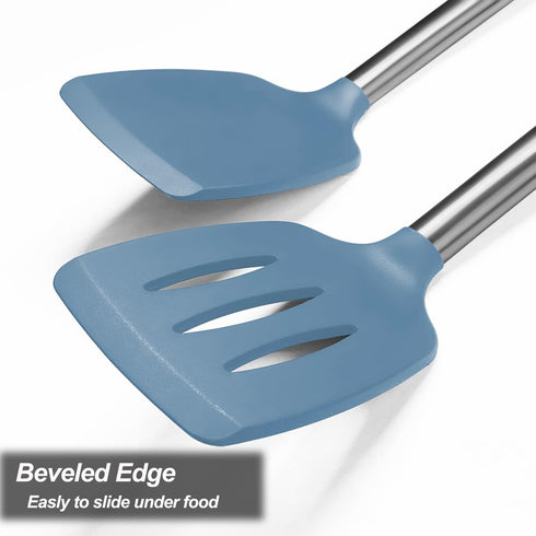2 Pack Solid & Slotted Silicone Spatula Set, Stainless Steel Handle, Non Stick, Heat Resistant, Starry Blue