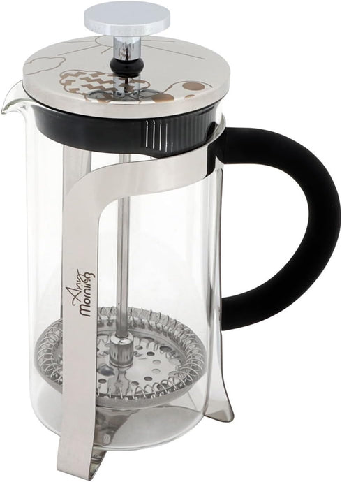 Any Morning 11 oz French Press Coffee and Tea Maker, Silver with Triple Stainless Steel Filters & Borosilicate Glass