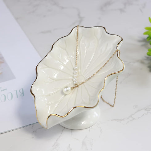Soap Dish Ceramic White - Lotus Leaf Shape Holder - Self Draining Soap Dish for Bathroom, Kitchen, Bar Counter