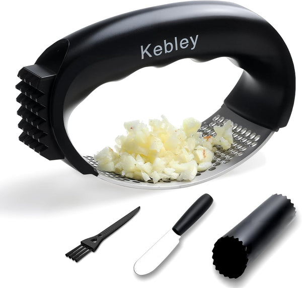 Kebley Garlic Press Rocker Stainless Steel Garlic Crusher, Mincer and Chopper with Peeler
