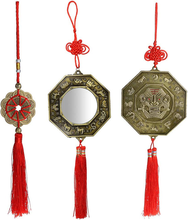 MDLUU 3 Pcs Bagua Mirror Feng Shui Ornaments, Guardian Lion, Ancient Coins with Chinese Knot Tassel, Lucky Charm