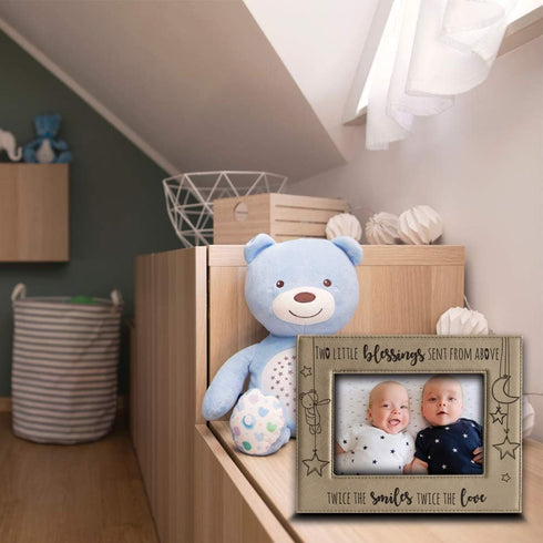 BELLA BUSTA - Twice The Blessings From Above, Twins New Baby Gift - Engraved Leather Picture Frame (5x7 Horizontal)