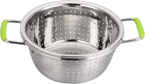 Stainless Steel Deep Colander, 2.5 Quart Micro-perforated Food Strainer with Green Silicone Handles for Draining Pasta
