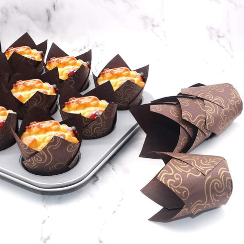 150pcs Tulip Cupcake Liners Baking Cups Muffin Liner Grease-Proof Paper Cupcake Wrappers for Wedding, Birthday Party, Standard Size (Golden Printed, Brown) by Staruby