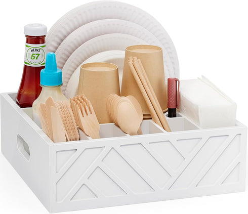 Utensil Holder for Party - Rustic Wood Silverware Caddy with 7 Compartments for Plates and Utensils