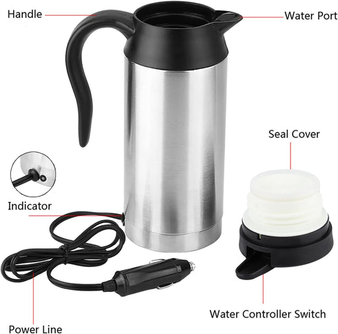 Car Electric Kettle, 750ml 120W 12V Stainless Steel Heating Kettle for Most 12V Power Source Cars