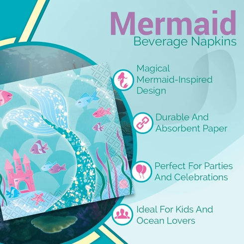 Mermaid Design Beverage Napkins (Pack of 16) - Perfect for Under-the-Sea Themed Parties