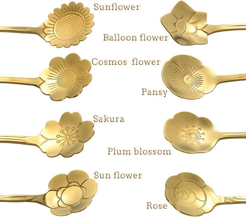 AnSaw 8 Piece Flower Scoop Set - Stainless Steel Reusable Tea Scoops for Tea Parties, Gold