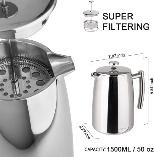 50-Ounce, 304 Secura French Press Coffee Maker, Stainless Steel Insulated Coffee Press with Extra Screen