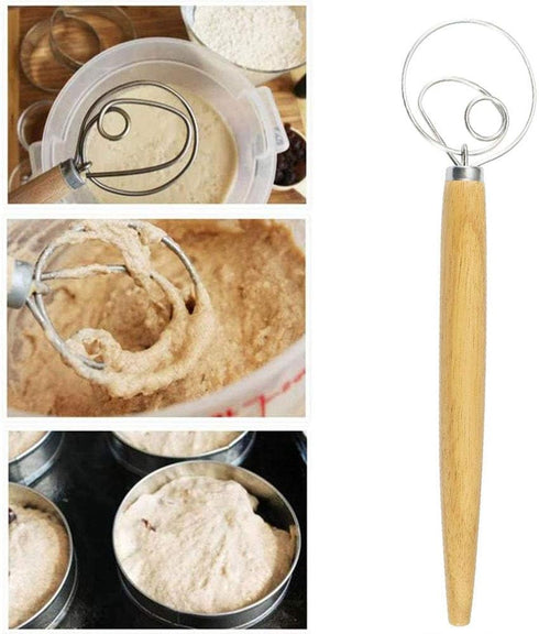 Danish Dough Whisk - 13" Dutch Whisk with Stainless Steel Ring - Baking Tool for Bread, Pastry or Pizza Dough,