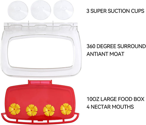 Window Hummingbird Feeder, Plastic Feeder with 3 Strong Suction Cups, Easy to Clean and Refill, Built-in Moat