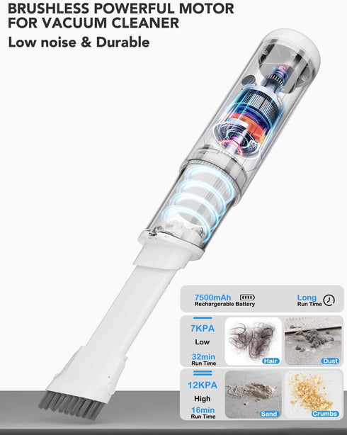 Cordless Handheld Vacuum Cleaner Kit for Home, Office, Car, 7500mAh Rechargeable Battery, 12000PA Powerful Motor