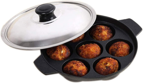 SHRIYA Appam Patra Non-Stick Pan, 7 Cavities, Paniyaram Pan with Stainless Steel Lid