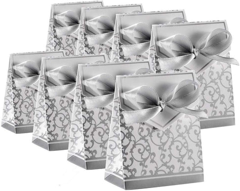 KUPOO 50PCS Candy Boxes - Silver Ribbon Wedding Favor Boxes for Party Decoration, Easter