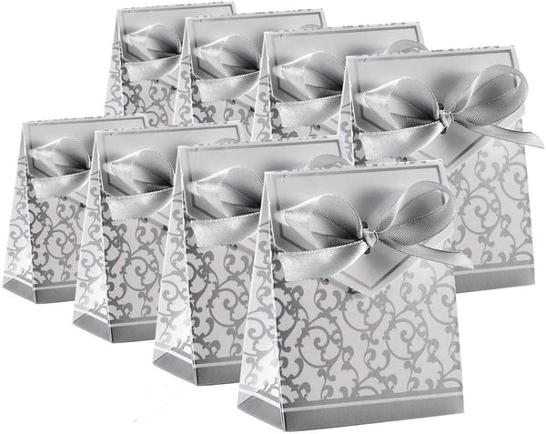 KUPOO 50PCS Candy Boxes - Silver Ribbon Wedding Favor Boxes for Party Decoration, Easter