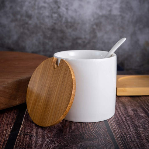 Ceramic Condiment Jar Seasoning Container with Lids,white Salt Sugar Pepper Spice Container Bowls Pot with Spoon, Porcelain Pot,Set of 3, 8 Oz, for Home Kitchen Coffee Bar