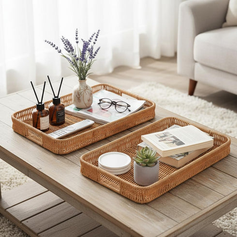 3pcs Rectangular Serving Tray with Handles, Decorative Wicker Organizer Baskets Storage Tray for Coffee Table, Bread